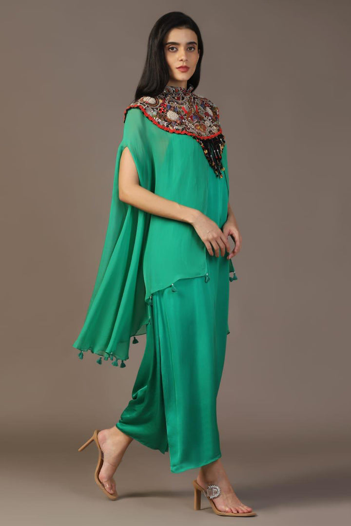 LEAF GREEN GOWN WITH EMBROIDERED CAPE