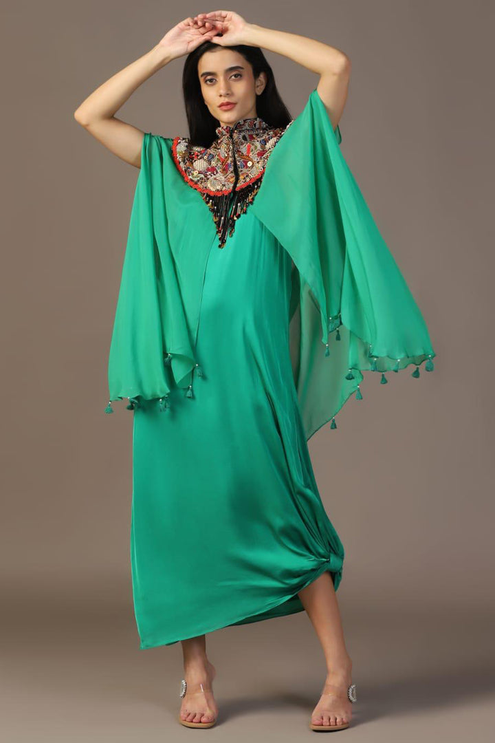 LEAF GREEN GOWN WITH EMBROIDERED CAPE