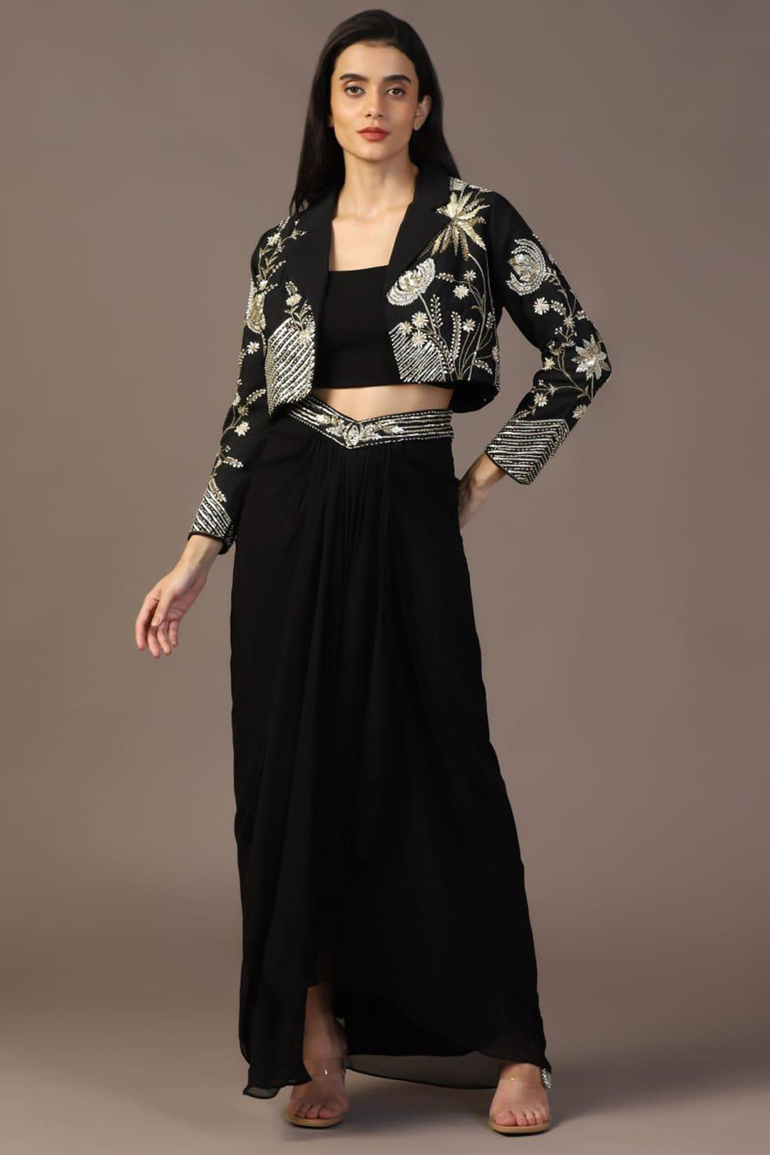 BLACK  TOP WITH DRAPED SKIRT AND  EMBROIDERED JACKET