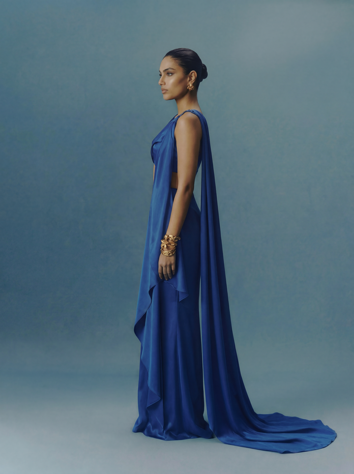 Cobalt Couture Draped Saree with Embellished Blouse