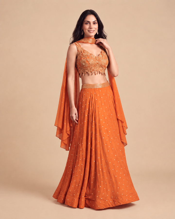 Orange Embellished Lehenga Set with Cutworked Blouse