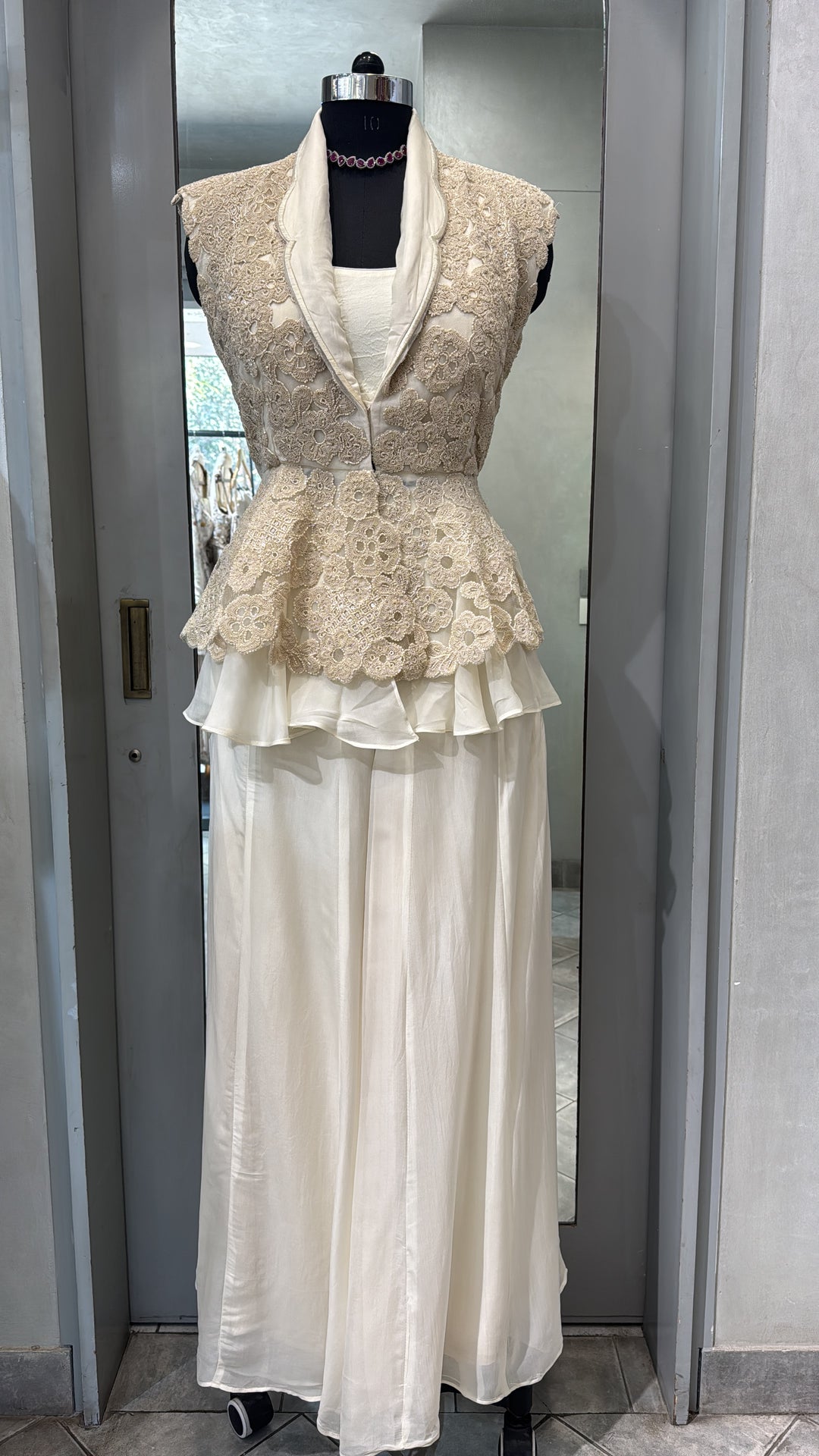 Ivory Embroidered Peplum Jacket with Layered Skirt Set