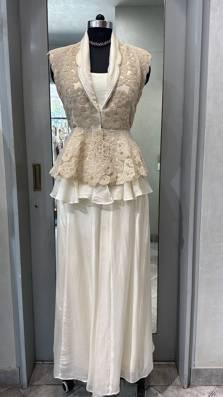 Ivory Embroidered Peplum Jacket with Layered Skirt Set