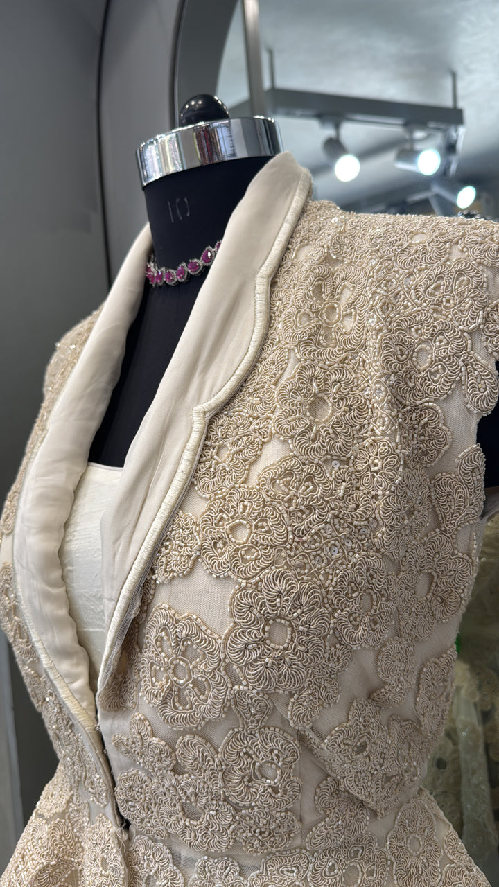 Ivory Embroidered Peplum Jacket with Layered Skirt Set