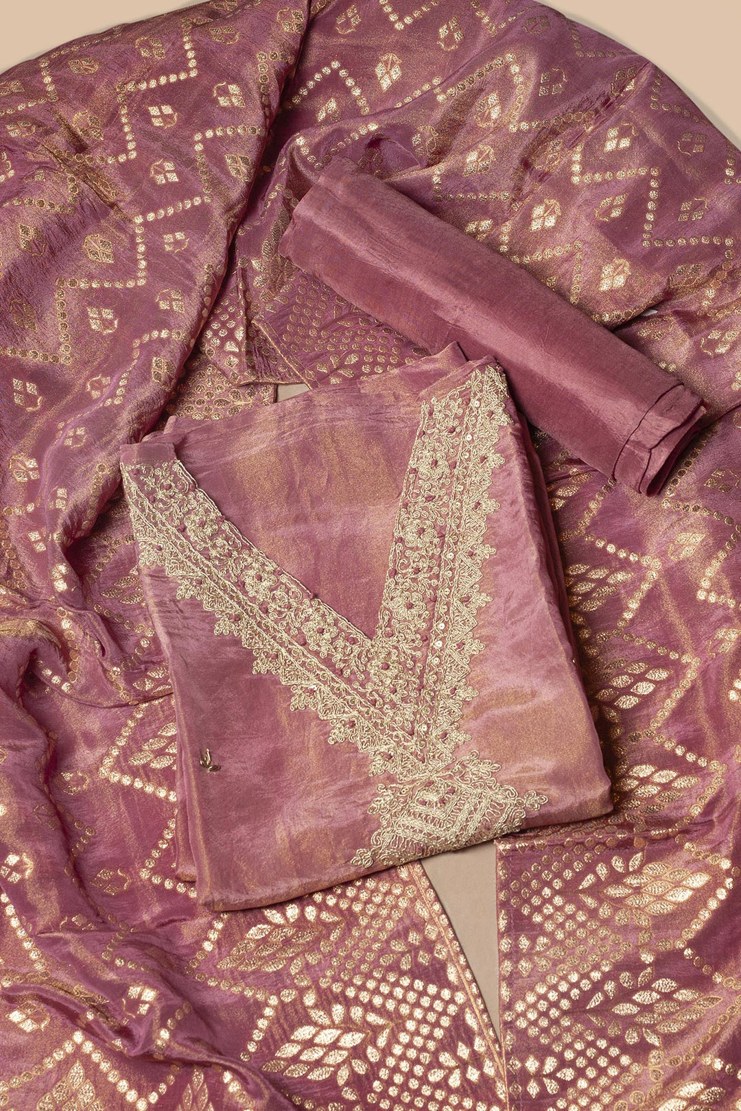 PINK SILK UNSTITCHED SUIT SET WITH DUPPATTA AND BOTTOM