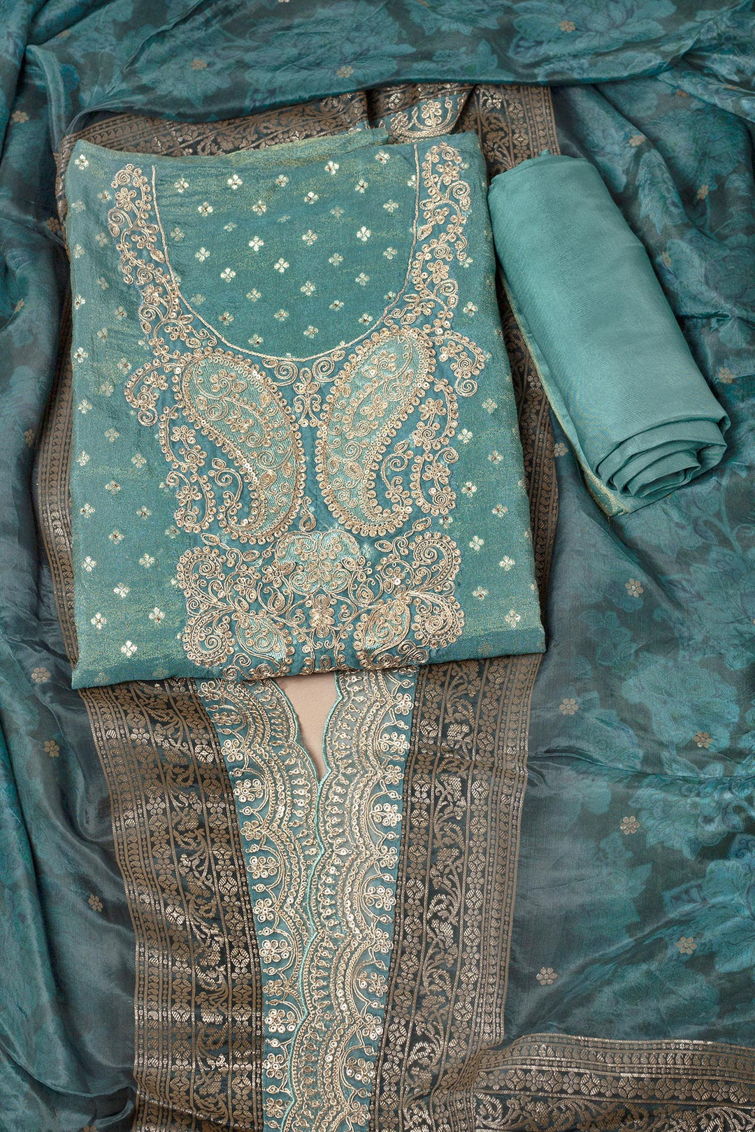 DEEP TURQUOISE BANARASI UNSTITCHED SUIT WITH BOTTOM FABRIC AND DUPPATTA