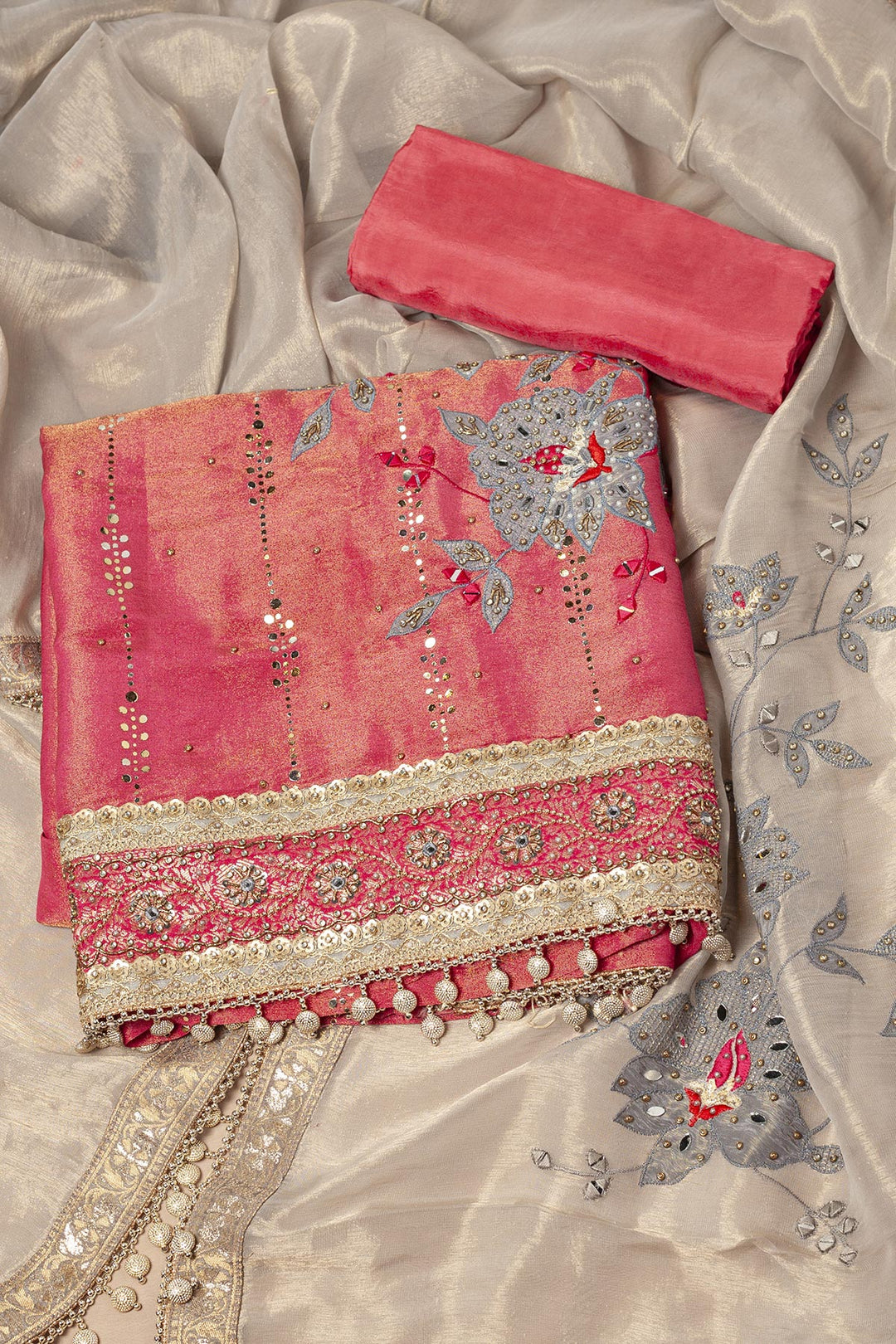 CORAL AND GOLD UNSTITCHED SUIT SET WITH  DUPPATTA AND BOTTOM FABRIC