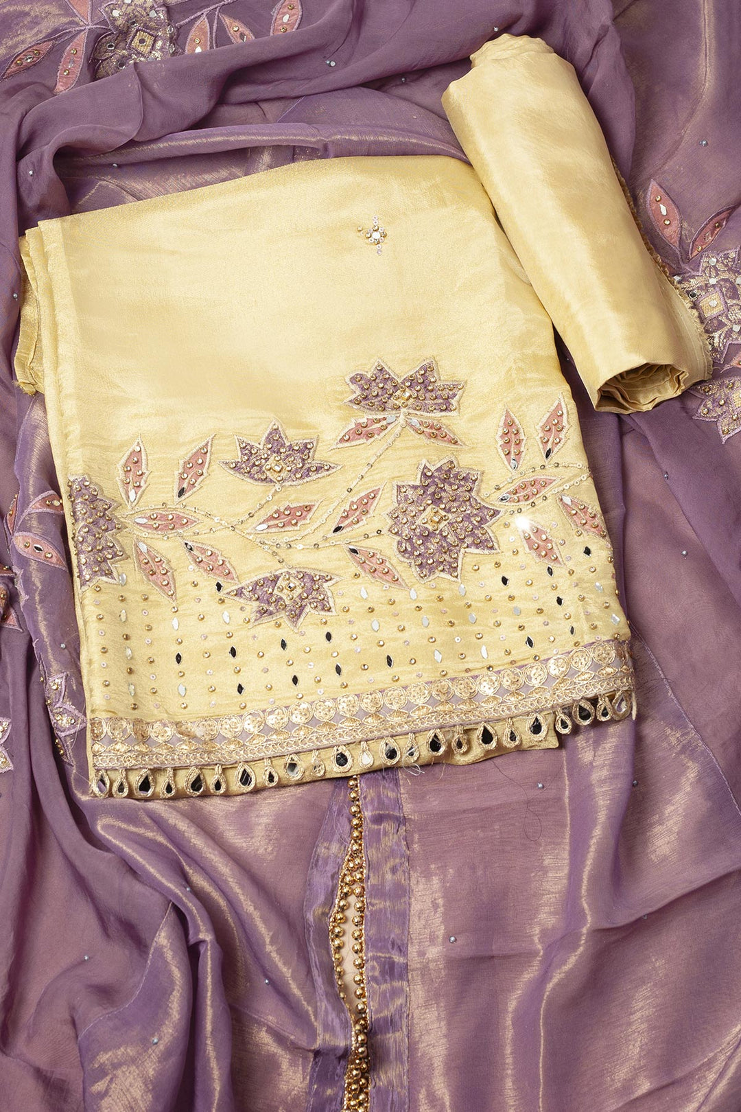 YELLOW UNSTITCHED SUIT SET WITH ORGANZA DUPPATTA AND BOTTOM