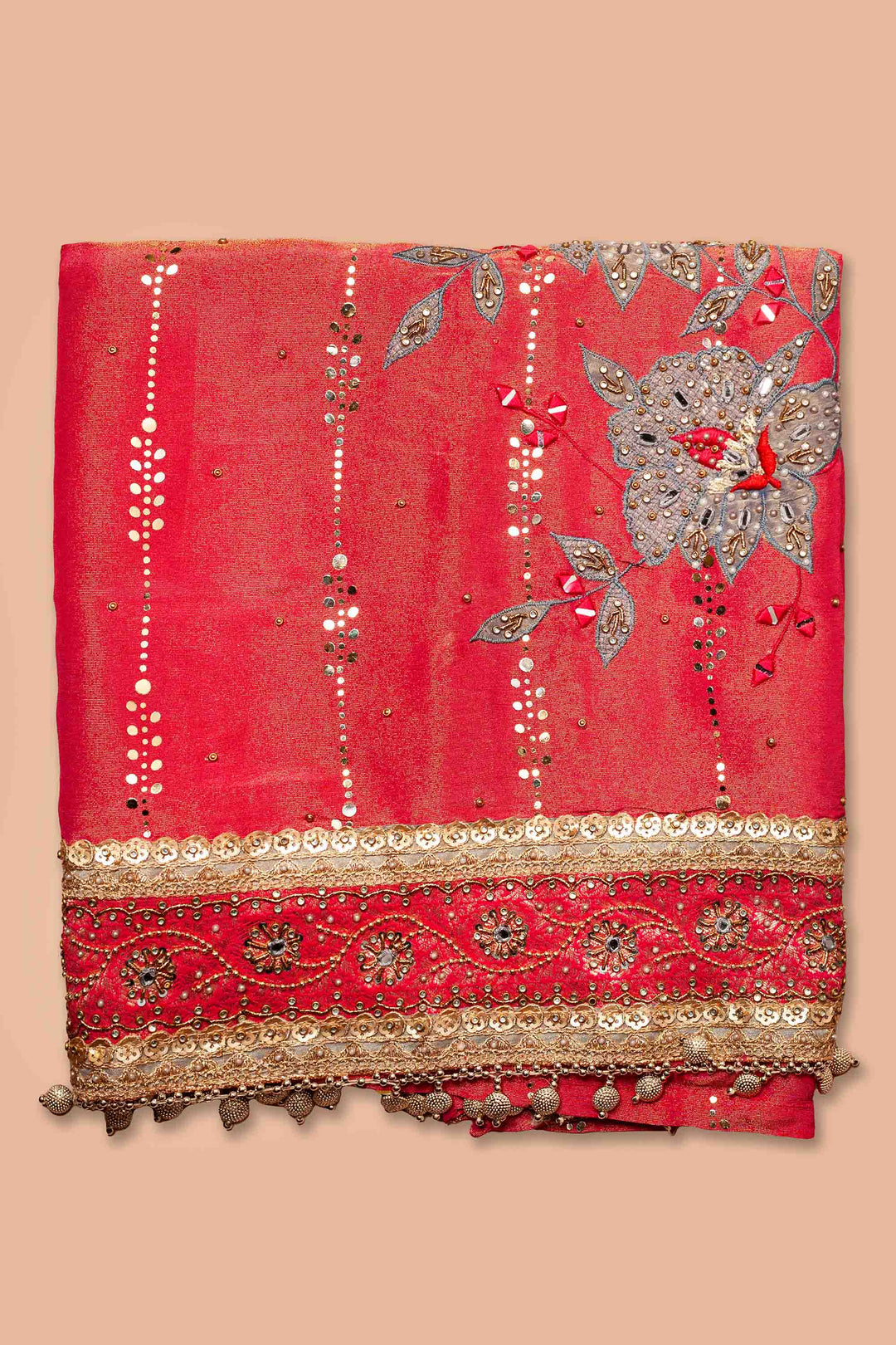 CORAL AND GOLD UNSTITCHED SUIT SET WITH  DUPPATTA AND BOTTOM FABRIC