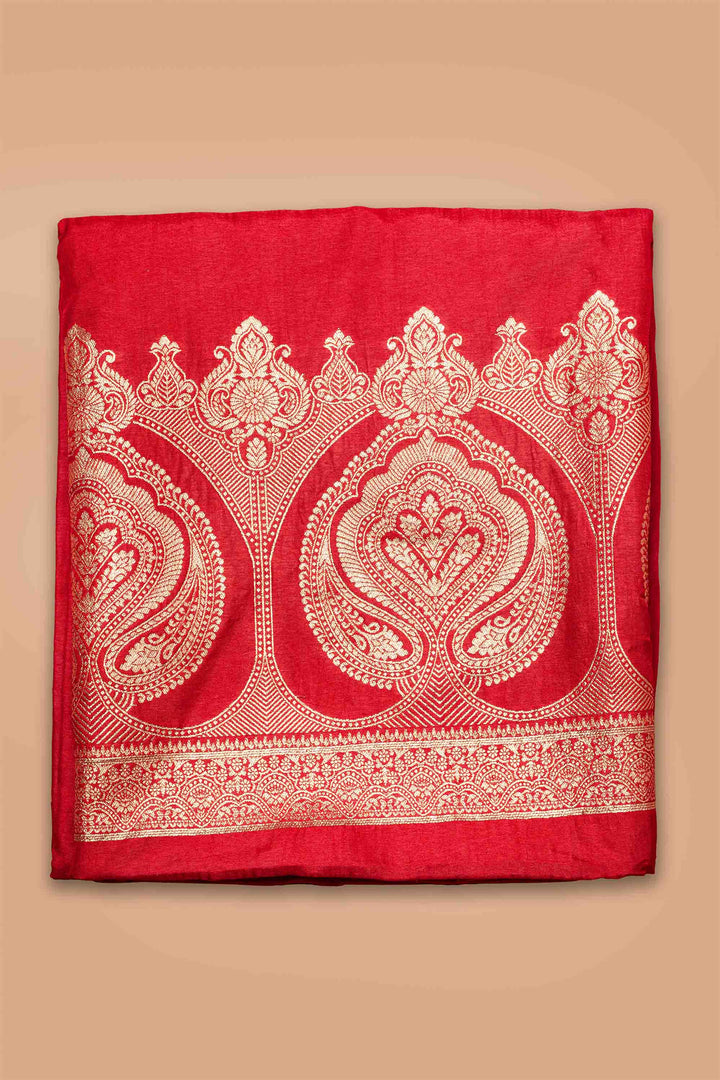 THE CLASSIC RED BANARASI UNSTITCHED SUIT  WITH BOTTOM FABRIC AND SOFT BANARASI ORGANZA  DUPPATTA