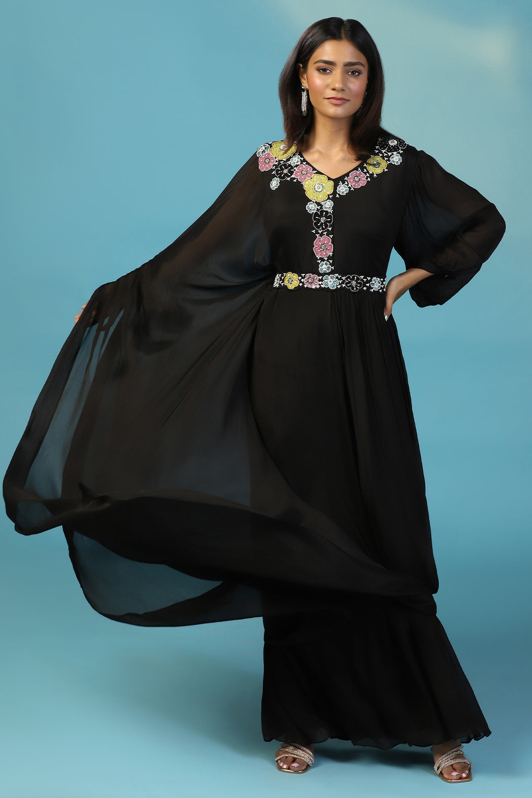 Gyans Black Chiffon Gown with Multicolour Floral Hand Embroidery L Gyans Black Chiffon Gown with Multicolour Floral Hand Embroidery L