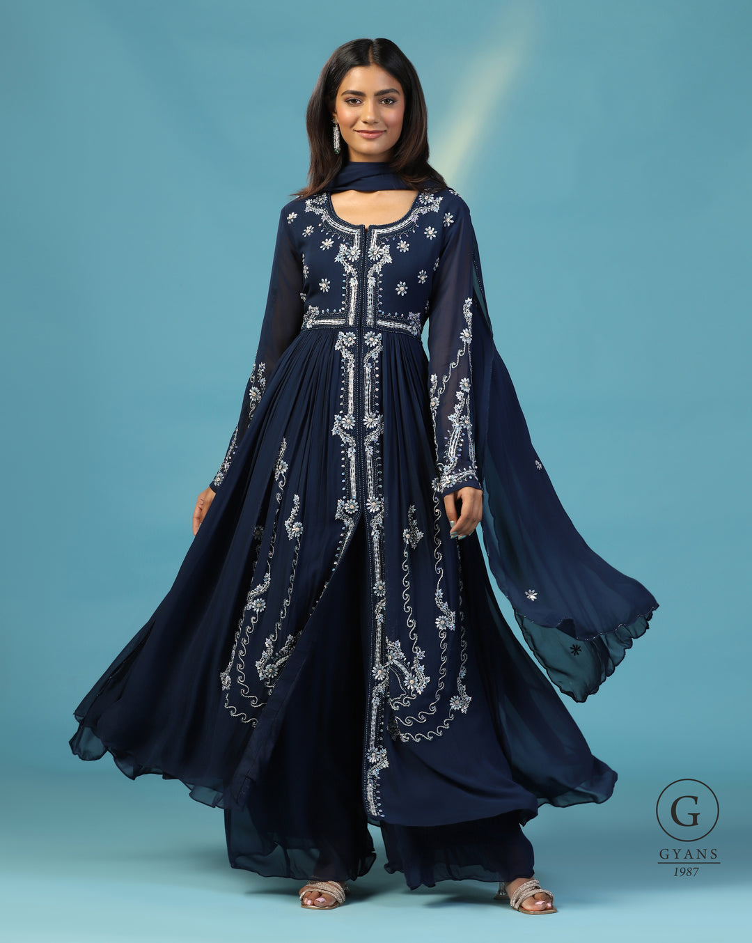 Gyans Navy Blue Georgette Anarkali Gown with Hand Embroidery, Cutdana & Dupatta Blue / CUSTOM Gyans Navy Blue Georgette Anarkali Gown with Hand Embroidery, Cutdana & Dupatta Blue / CUSTOM