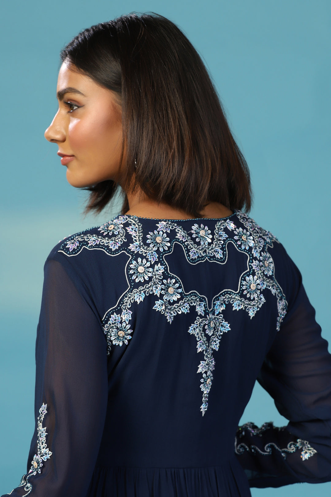 Gyans Navy Blue Georgette Anarkali Gown with Hand Embroidery, Cutdana & Dupatta Blue / CUSTOM Gyans Navy Blue Georgette Anarkali Gown with Hand Embroidery, Cutdana & Dupatta Blue / CUSTOM