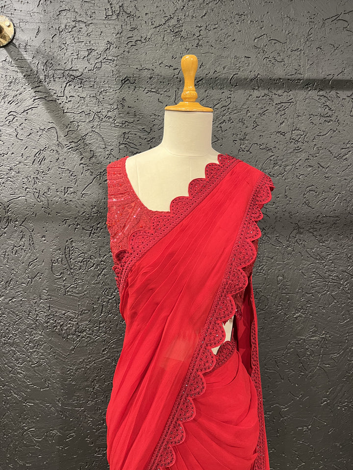 Red Tone-on-Tone Hand Embroidered Sequin & Bead gharara Set