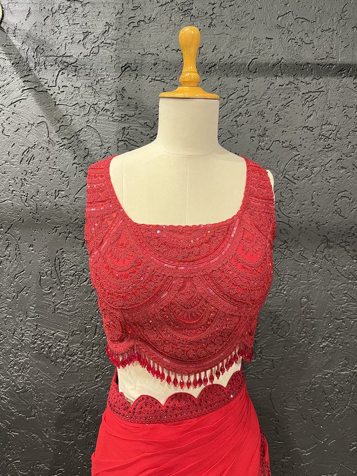 Red Tone-on-Tone Hand Embroidered Sequin & Bead gharara Set