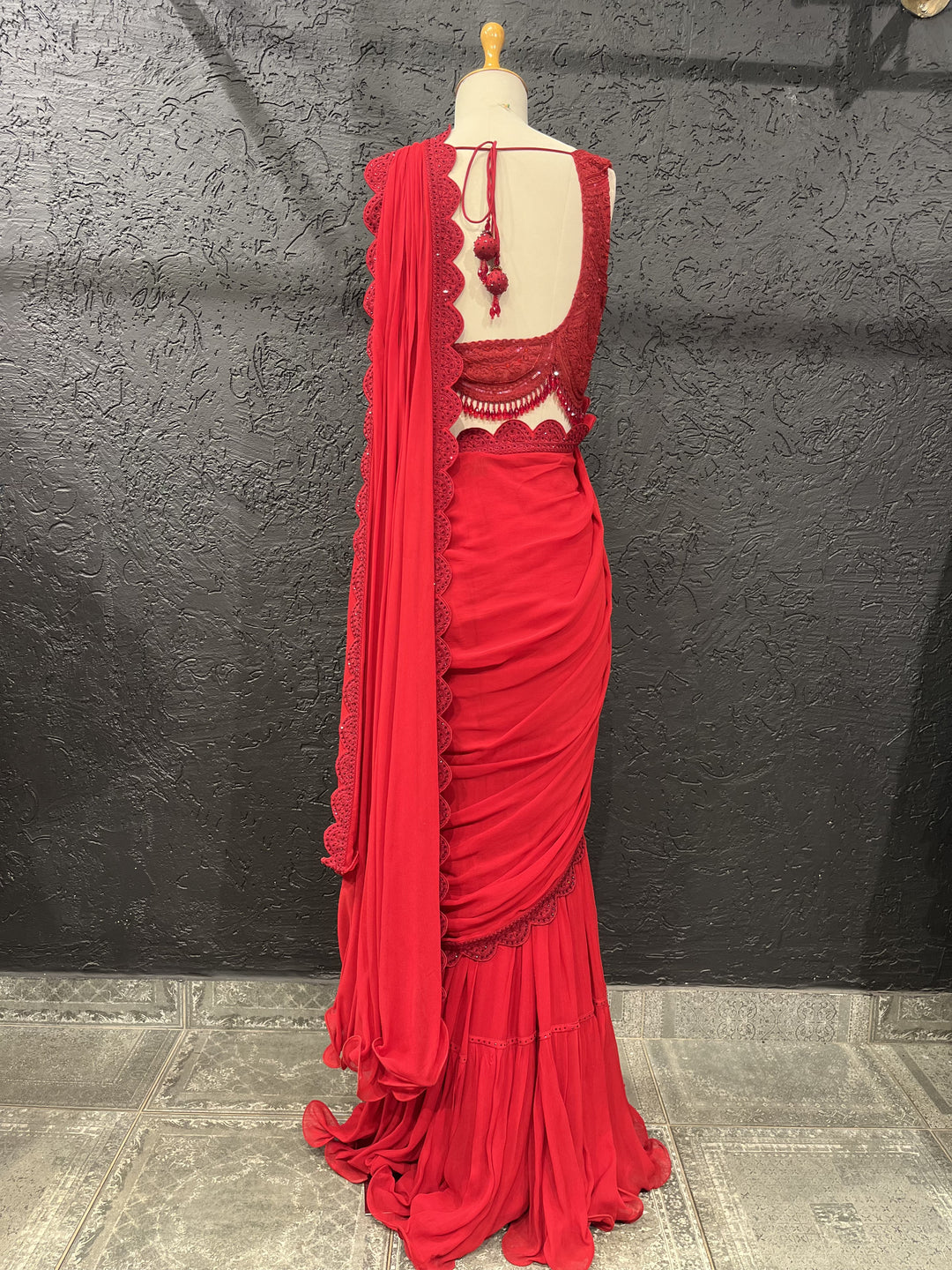 Red Tone-on-Tone Hand Embroidered Sequin & Bead gharara Set