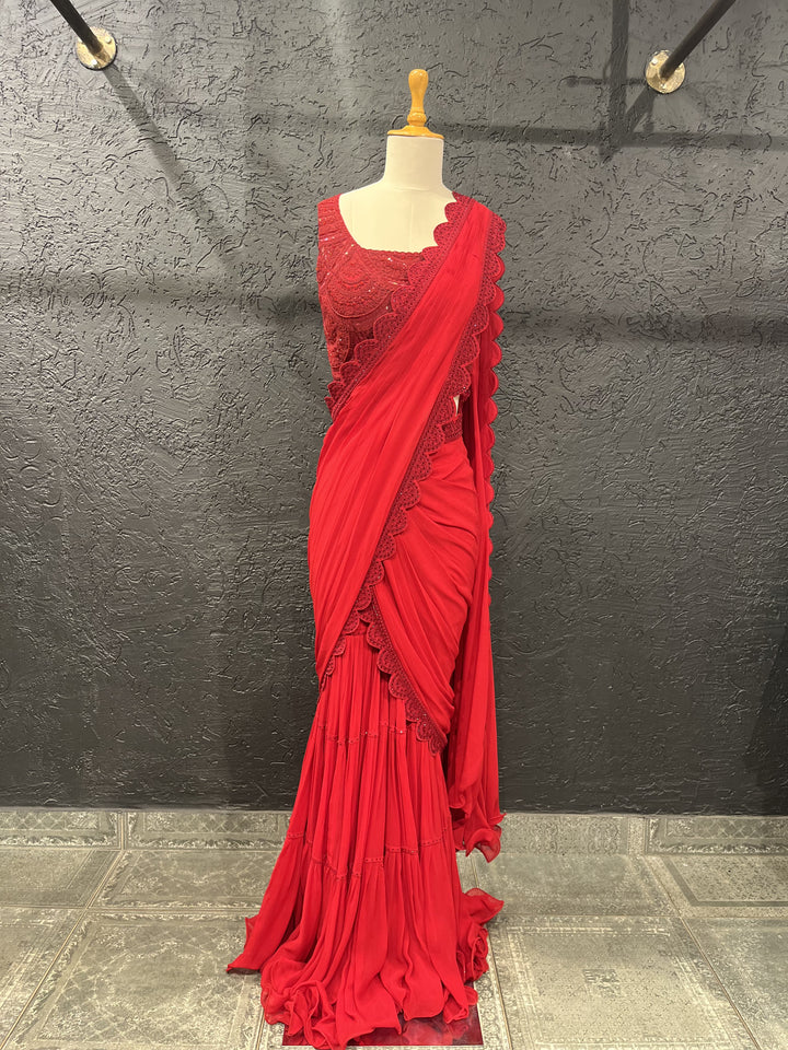 Red Tone-on-Tone Hand Embroidered Sequin & Bead gharara Set