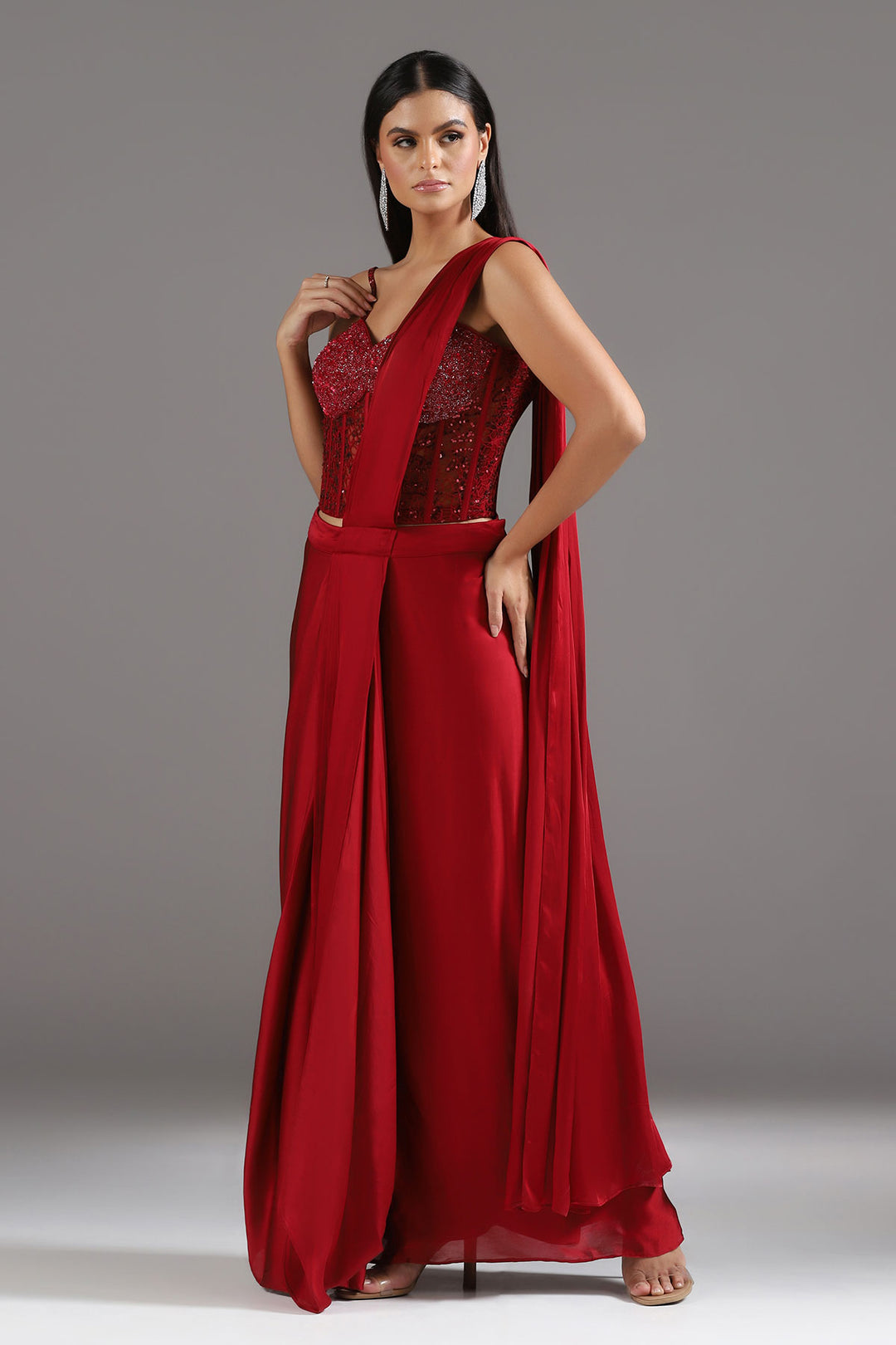 The Eternal Red Sequinned Corset Draped Saree