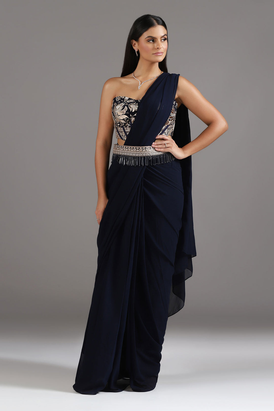 Midnight Blue Georgette Pre-Draped Saree with a Corset Look Blouse and Embellished Belt