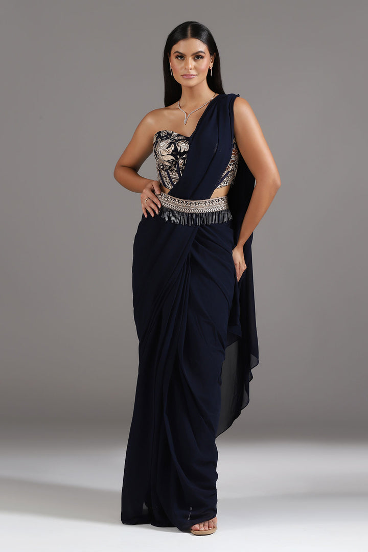 Midnight Blue Georgette Pre-Draped Saree with a Corset Look Blouse and Embellished Belt