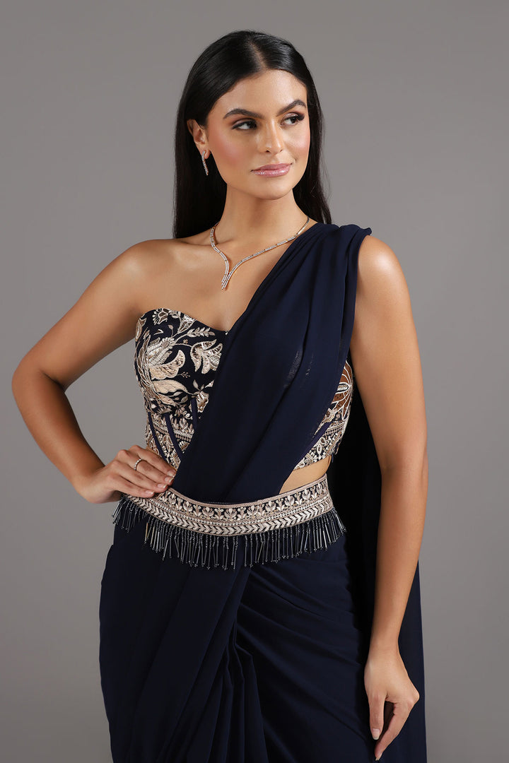 Midnight Blue Georgette Pre-Draped Saree with a Corset Look Blouse and Embellished Belt
