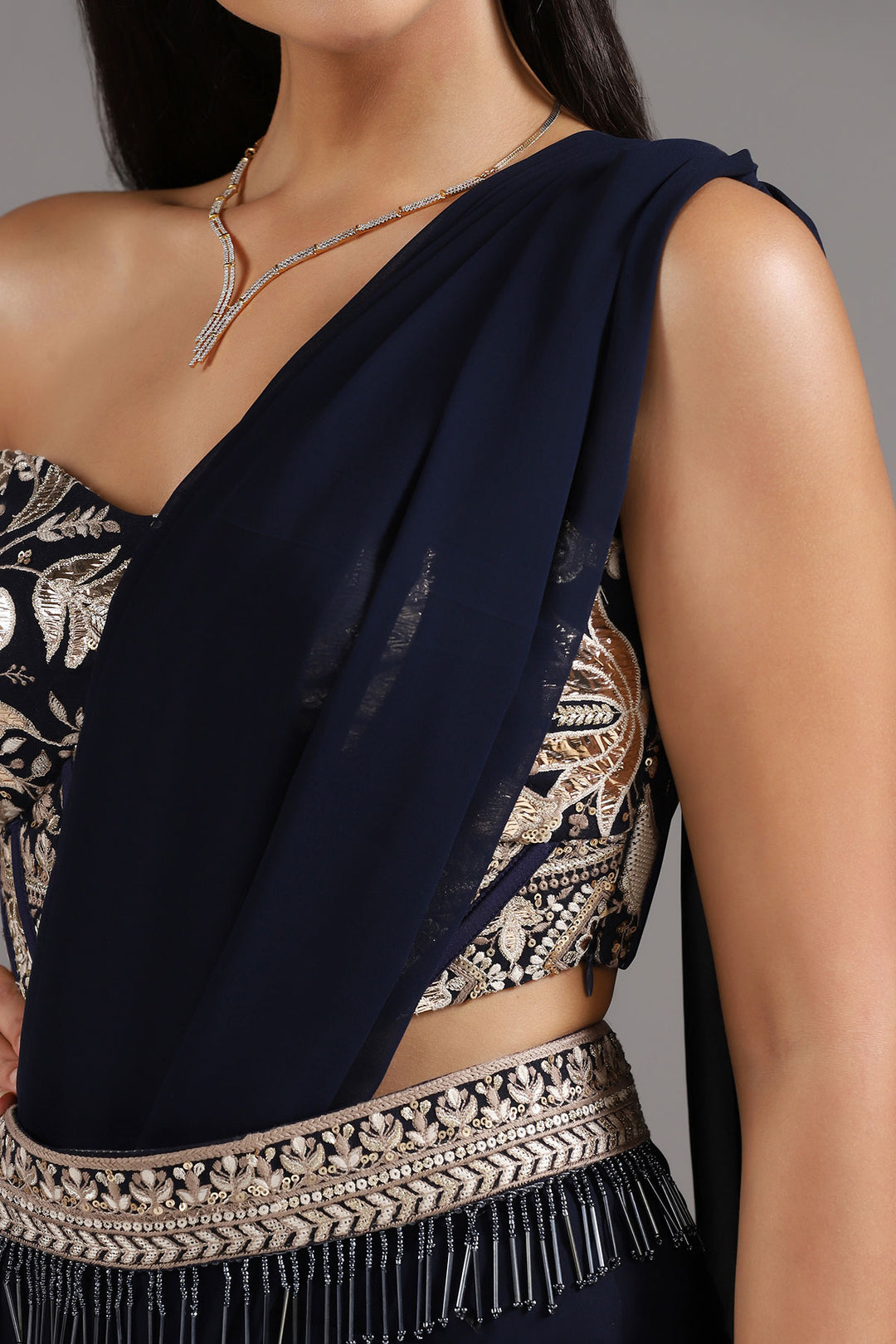 Midnight Blue Georgette Pre-Draped Saree with a Corset Look Blouse and Embellished Belt