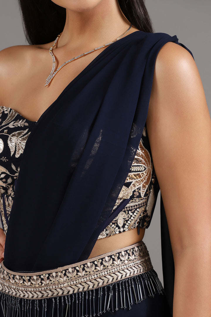 Midnight Blue Georgette Pre-Draped Saree with a Corset Look Blouse and Embellished Belt