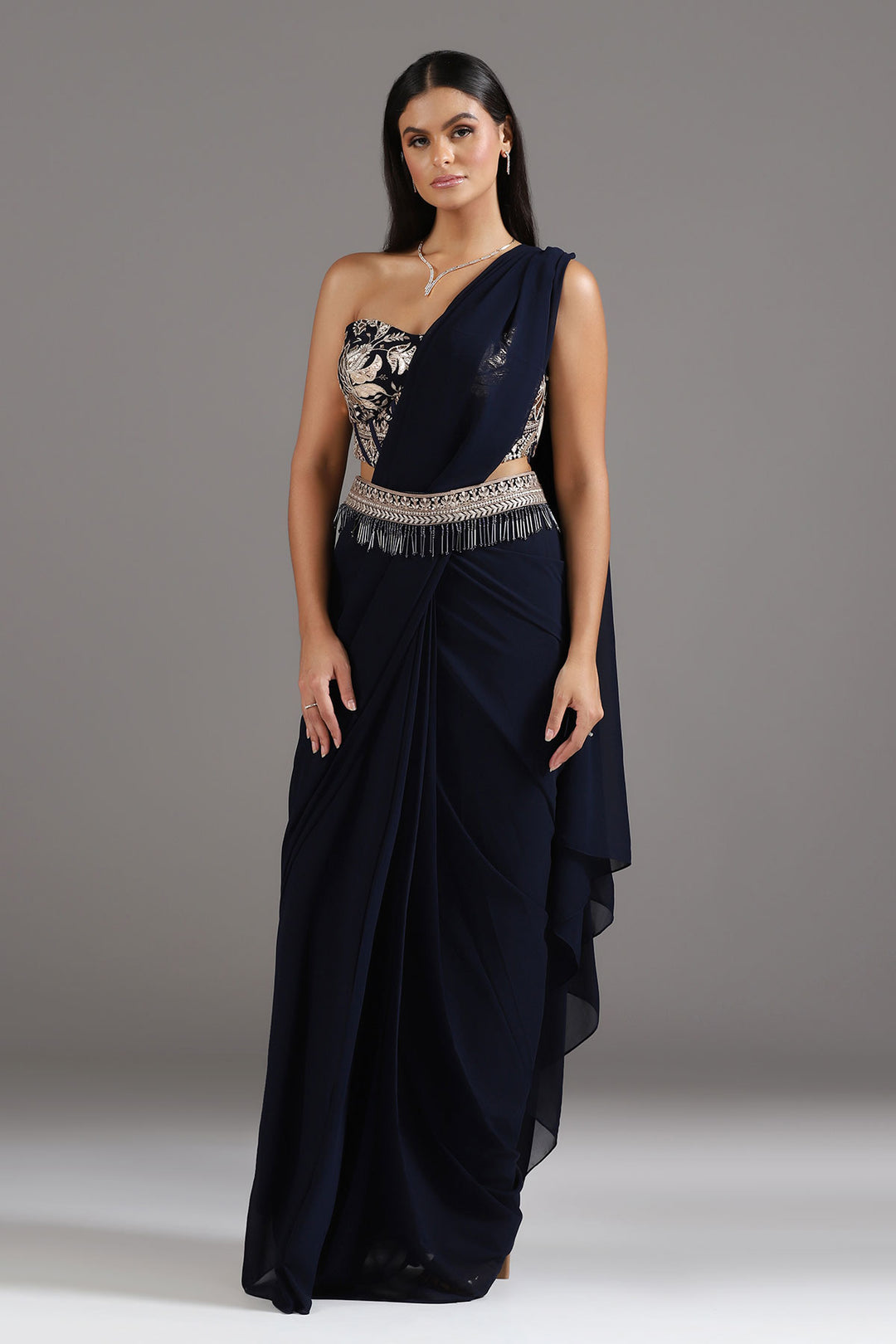 Midnight Blue Georgette Pre-Draped Saree with a Corset Look Blouse and Embellished Belt