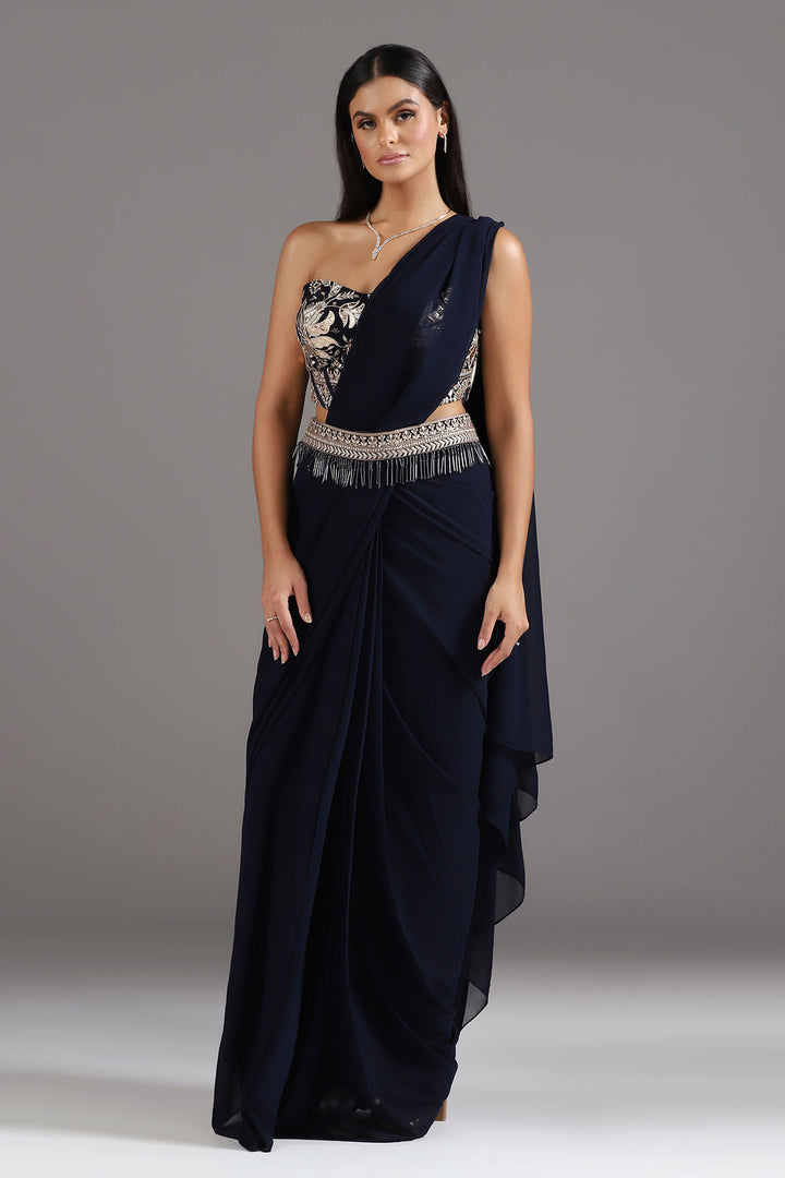 Midnight Blue Georgette Pre-Draped Saree with a Corset Look Blouse and Embellished Belt