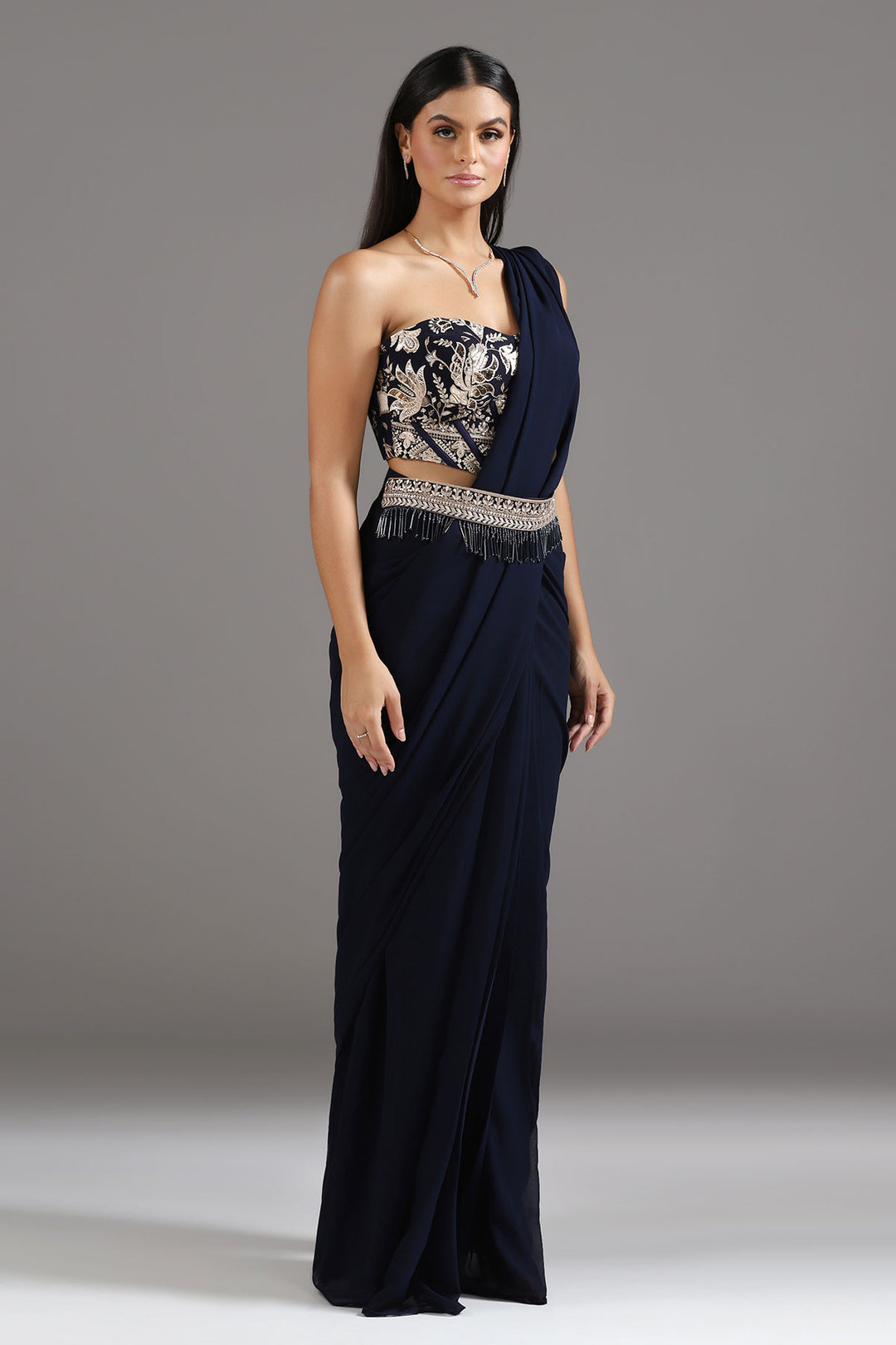 Midnight Blue Georgette Pre-Draped Saree with a Corset Look Blouse and Embellished Belt