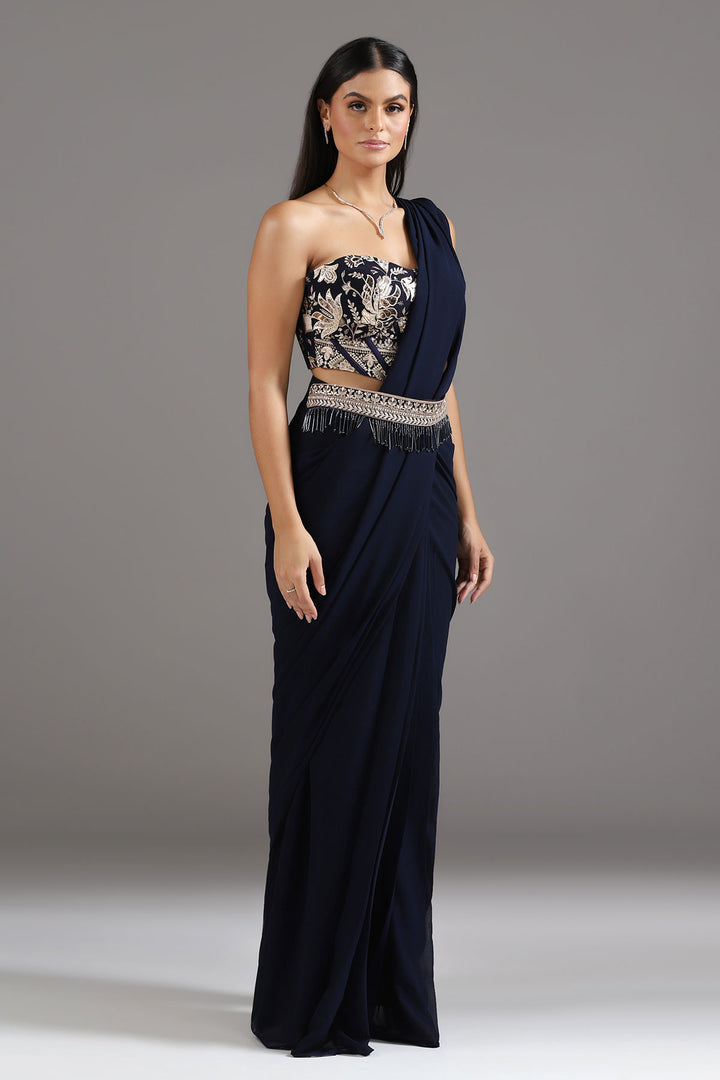 Midnight Blue Georgette Pre-Draped Saree with a Corset Look Blouse and Embellished Belt