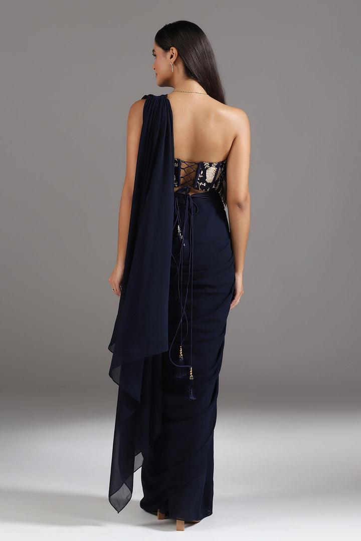 Midnight Blue Georgette Pre-Draped Saree with a Corset Look Blouse and Embellished Belt