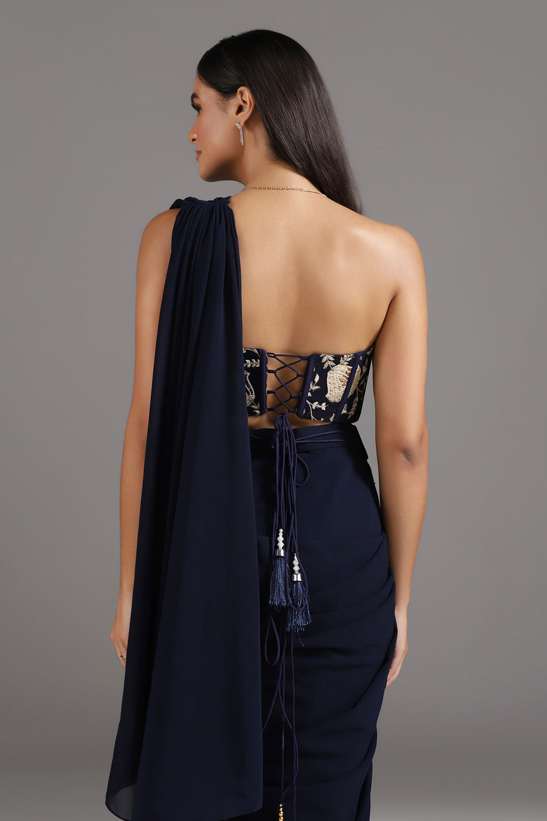 Midnight Blue Georgette Pre-Draped Saree with a Corset Look Blouse and Embellished Belt