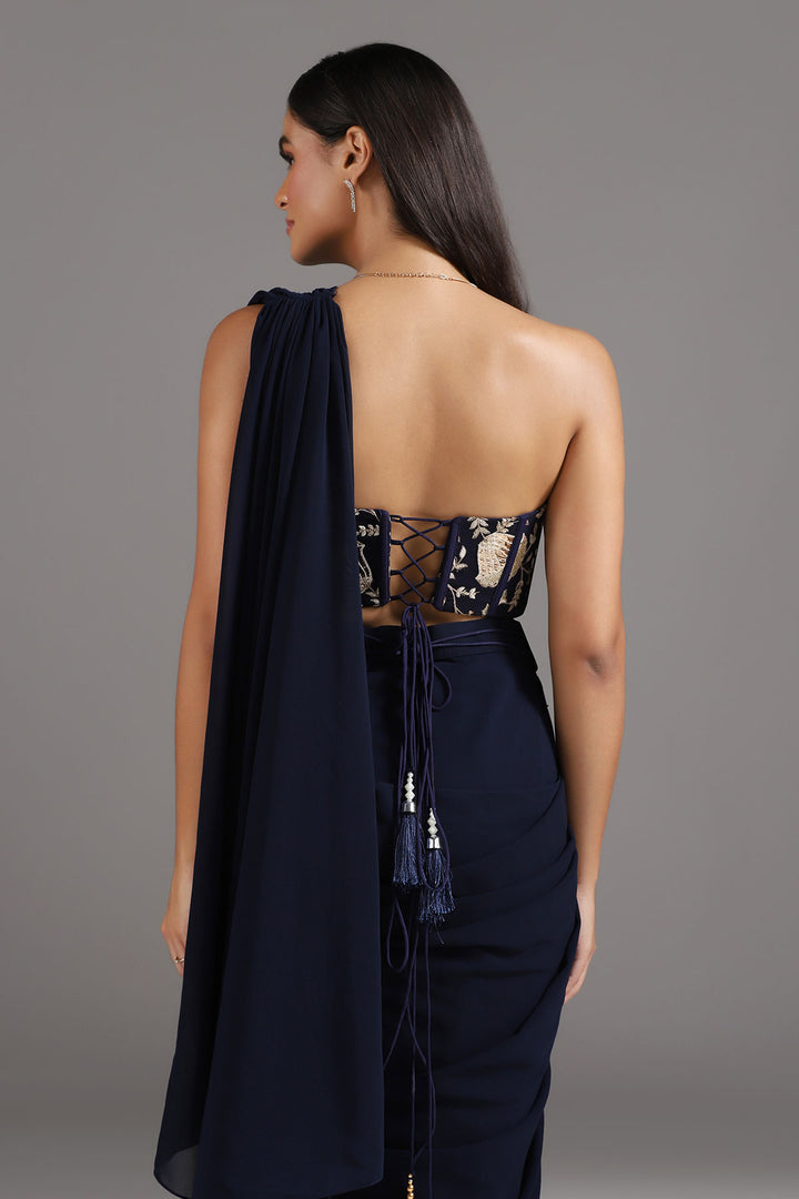 Midnight Blue Georgette Pre-Draped Saree with a Corset Look Blouse and Embellished Belt