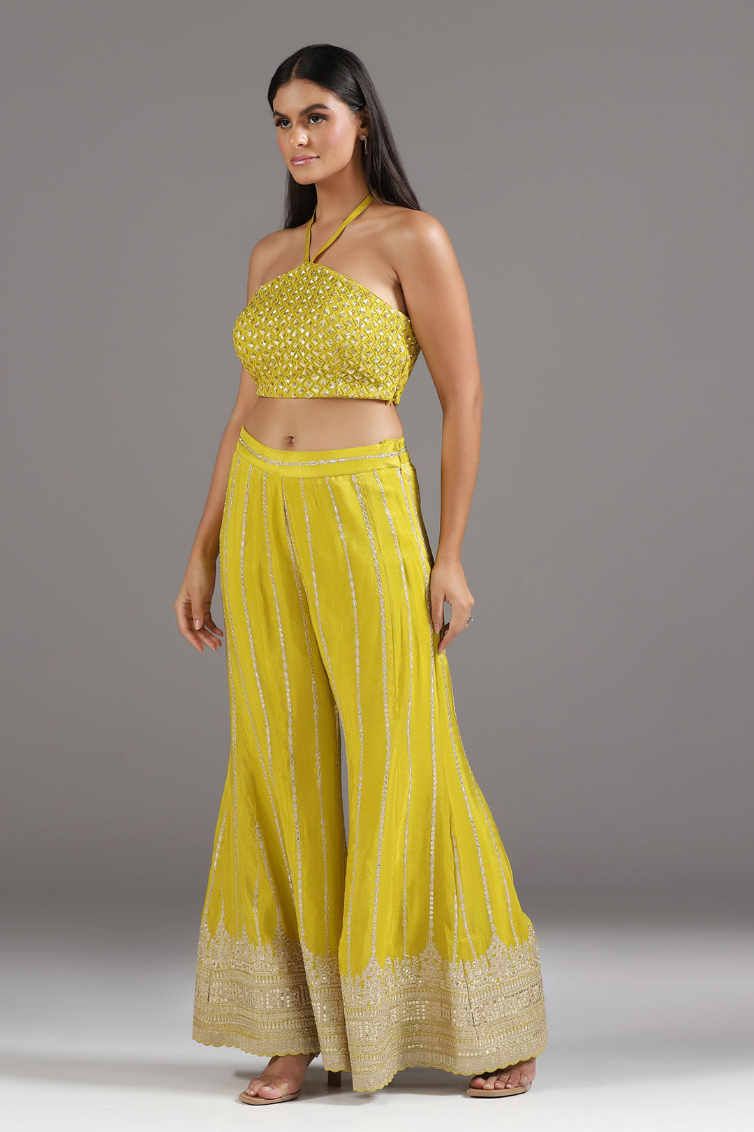 Yellow Silk Halter Neck Sharara Set