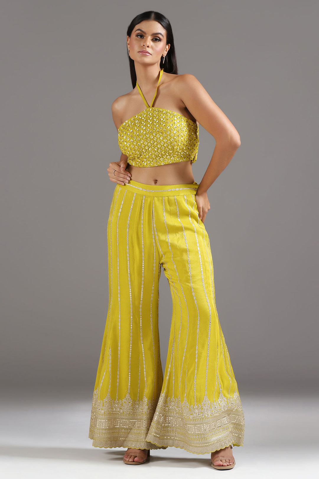 Yellow Silk Halter Neck Sharara Set