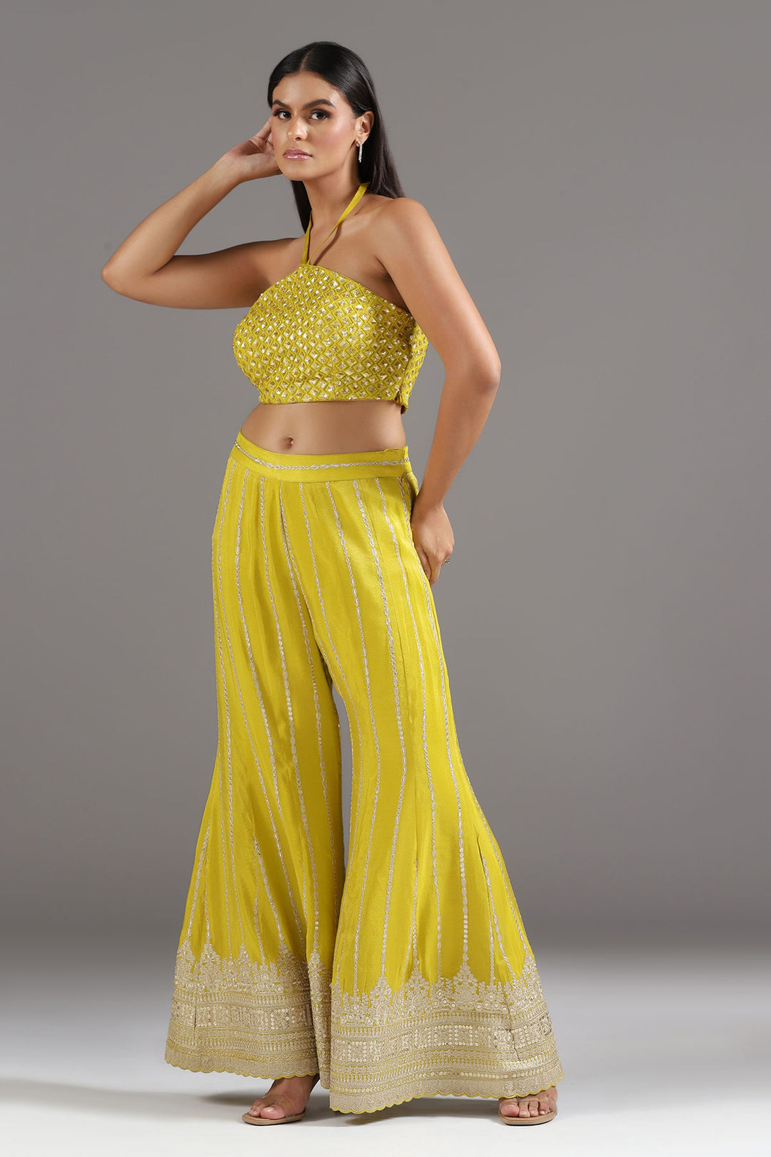 Yellow Silk Halter Neck Sharara Set