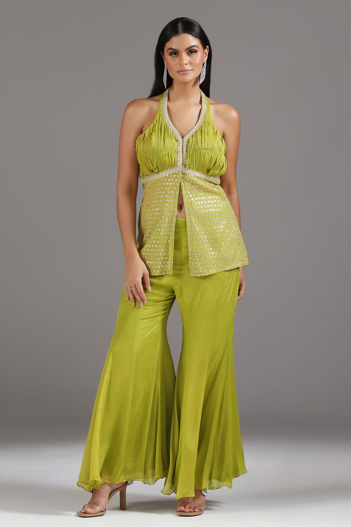 Lime green Embroidered Halter neck Tunic with Soft Bell bottom Pants (RTS)