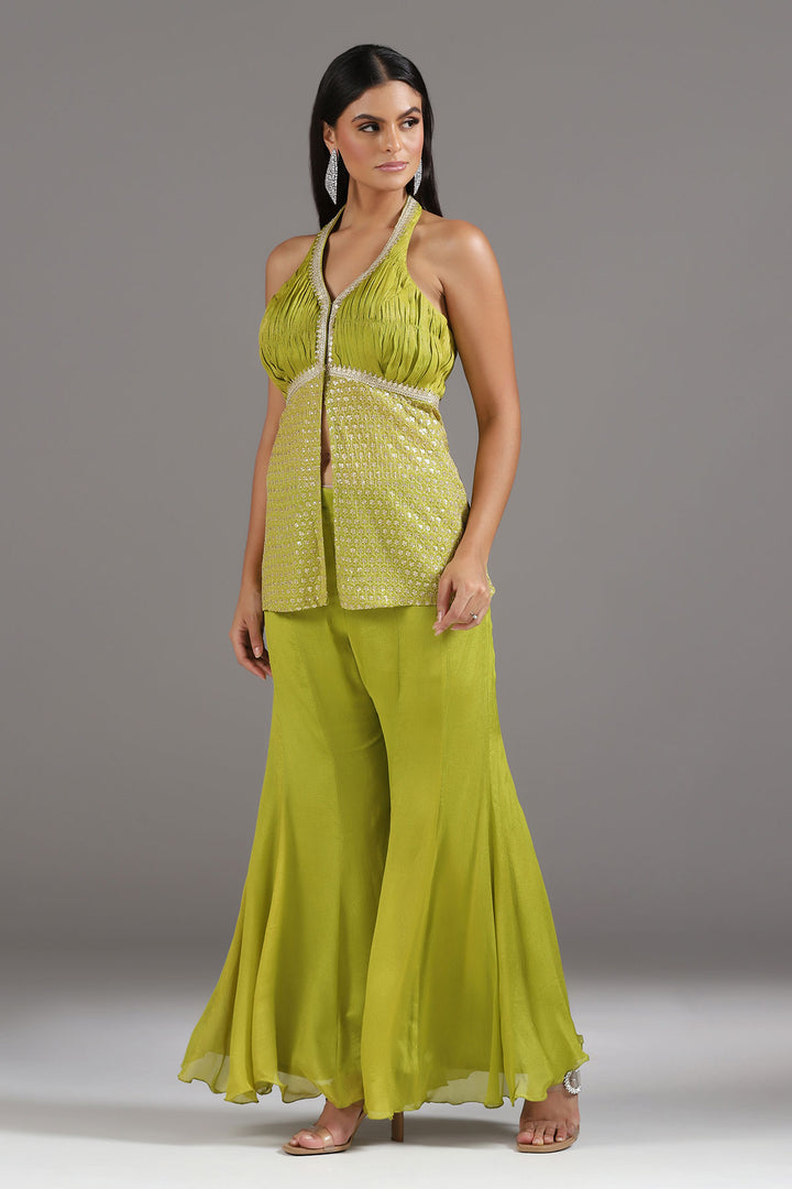 Lime green Embroidered Halter neck Tunic with Soft Bell bottom Pants (RTS)