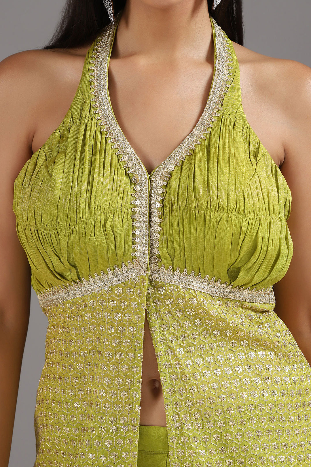 Lime green Embroidered Halter neck Tunic with Soft Bell bottom Pants (RTS)