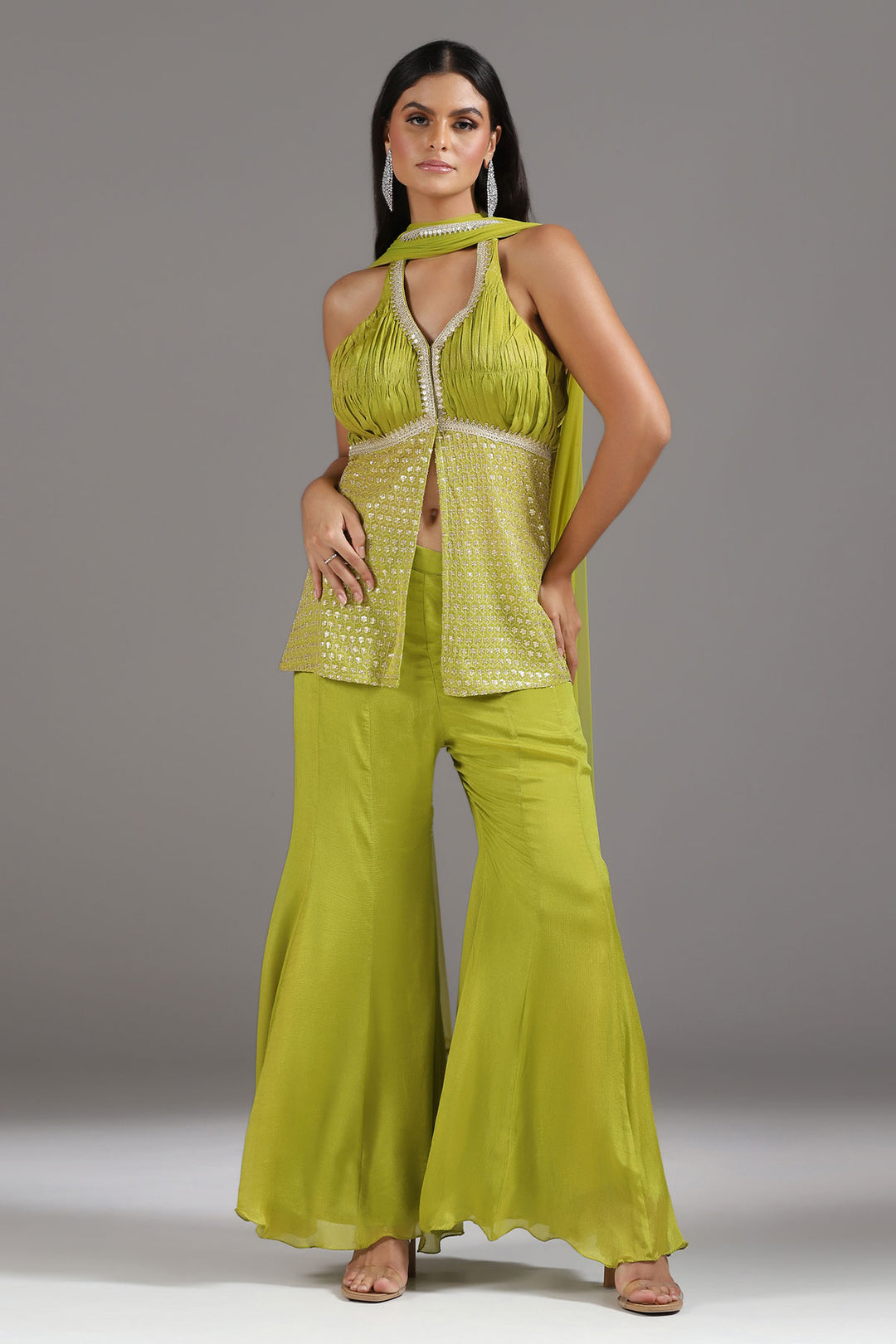 Lime green Embroidered Halter neck Tunic with Soft Bell bottom Pants (RTS)