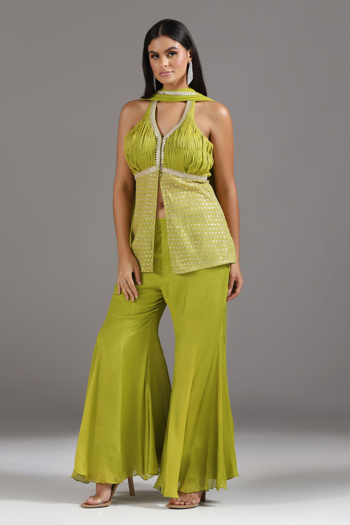 Lime green Embroidered Halter neck Tunic with Soft Bell bottom Pants (RTS)