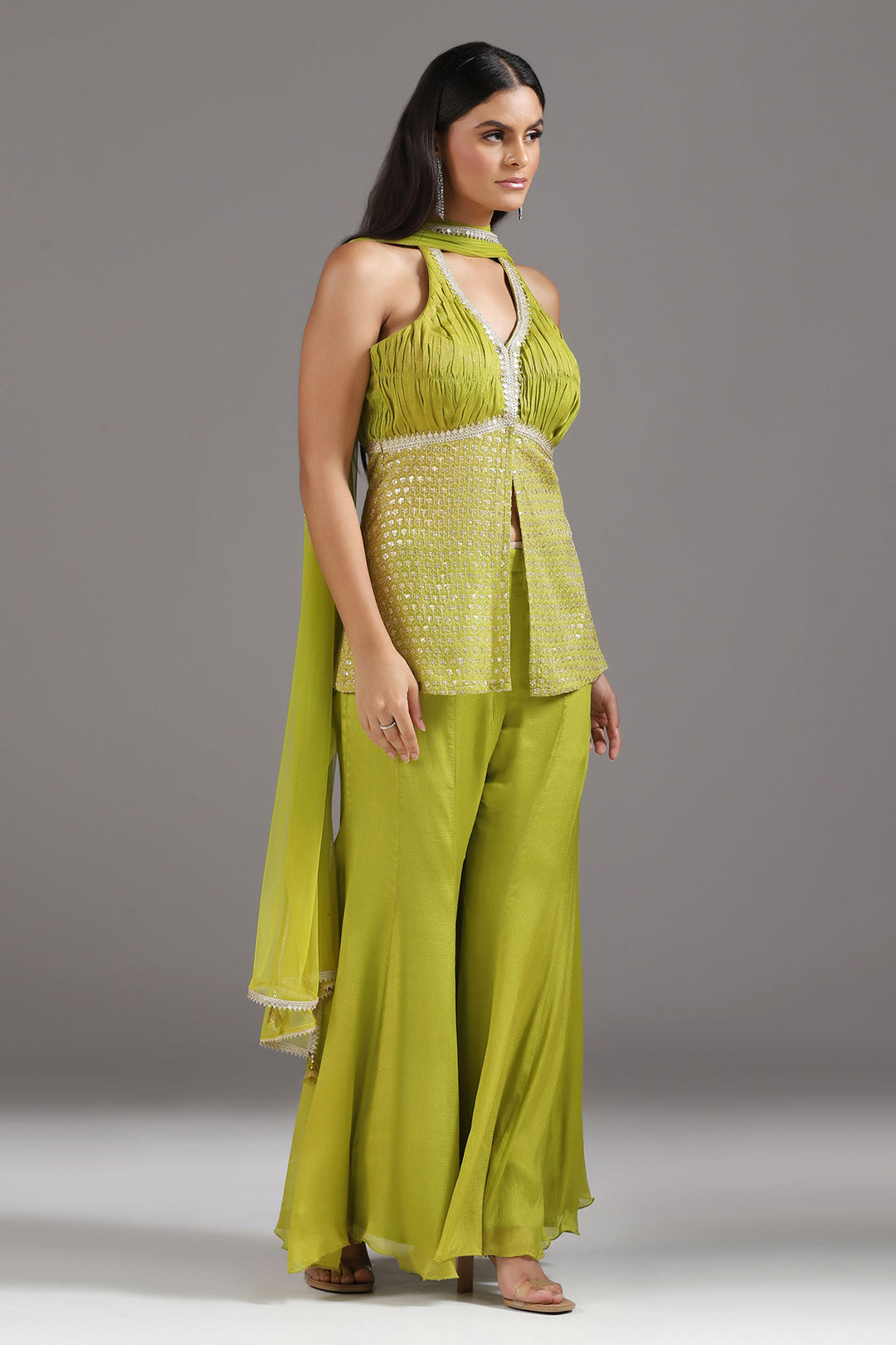 Lime green Embroidered Halter neck Tunic with Soft Bell bottom Pants (RTS)
