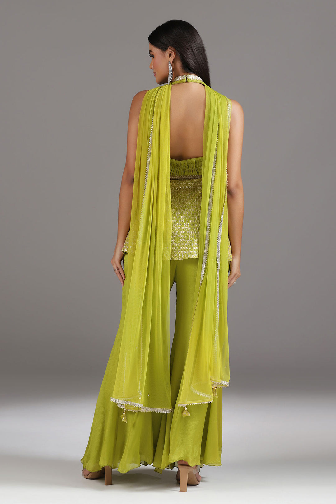 Lime green Embroidered Halter neck Tunic with Soft Bell bottom Pants (RTS)