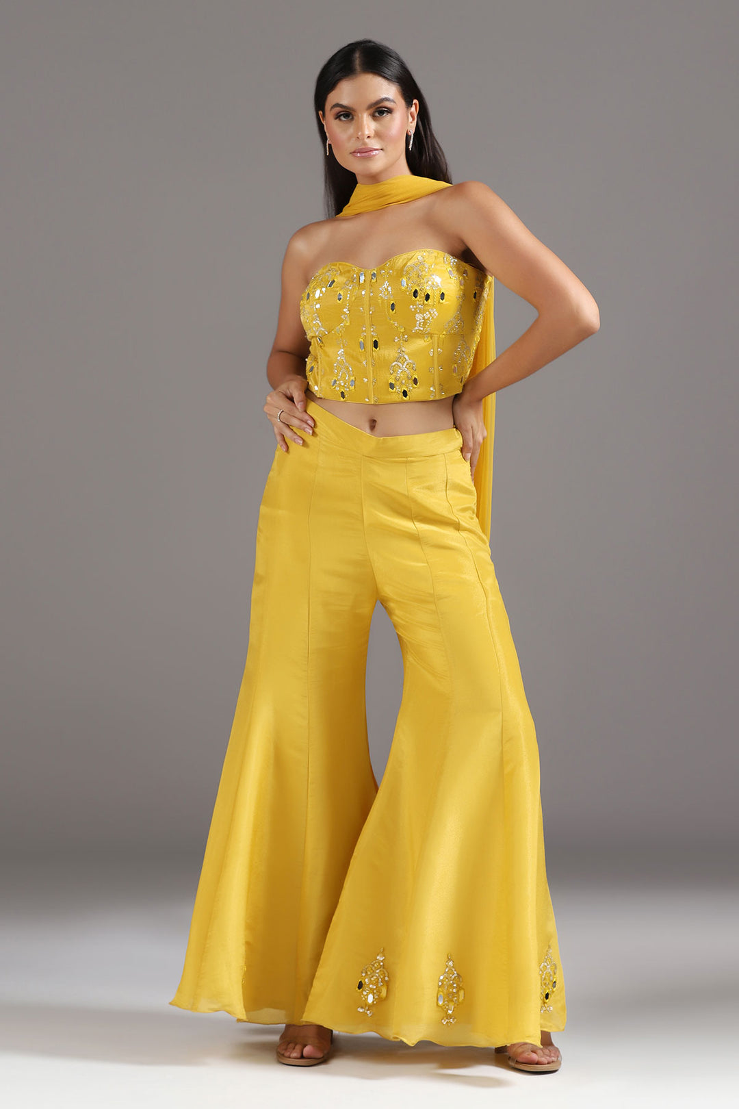 Haldi Yellow Mirrorwork Corset with a tie up back, soft Tissue High Waisted Sharara Pants and Dupatta