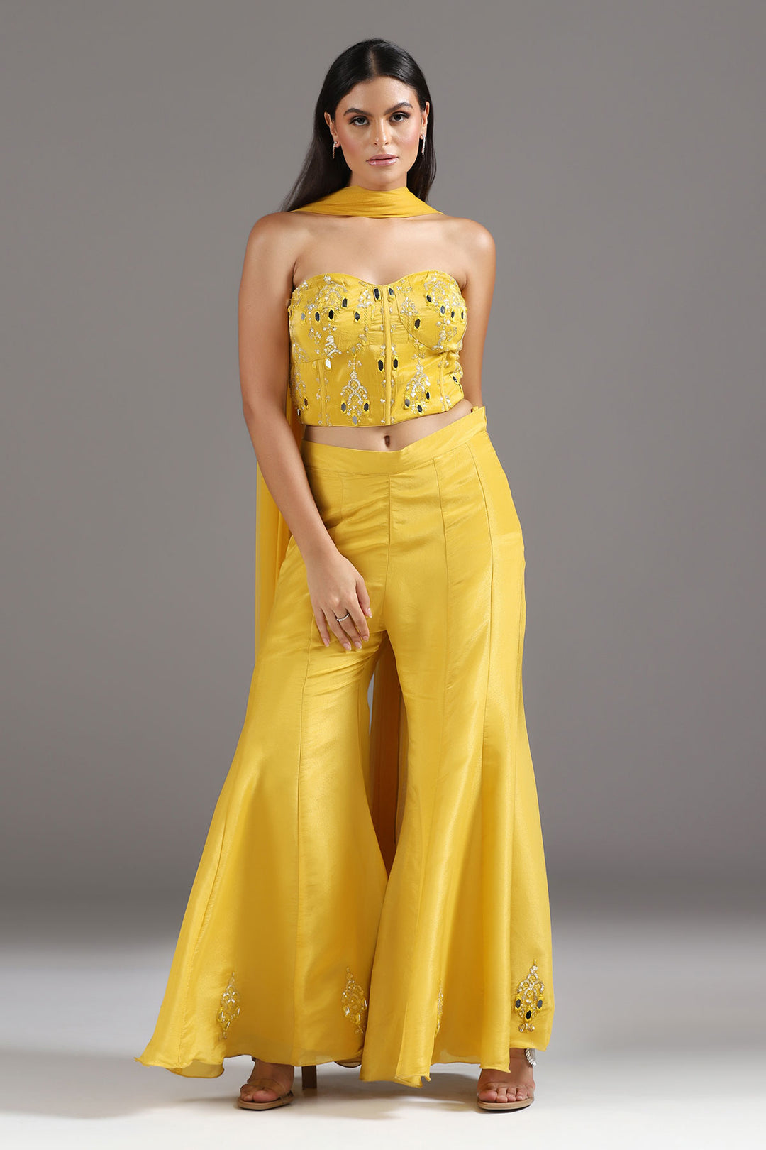 Haldi Yellow Mirrorwork Corset with a tie up back, soft Tissue High Waisted Sharara Pants and Dupatta