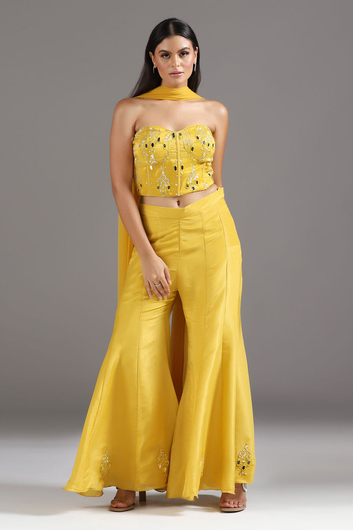 Haldi Yellow Mirrorwork Corset with a tie up back, soft Tissue High Waisted Sharara Pants and Dupatta