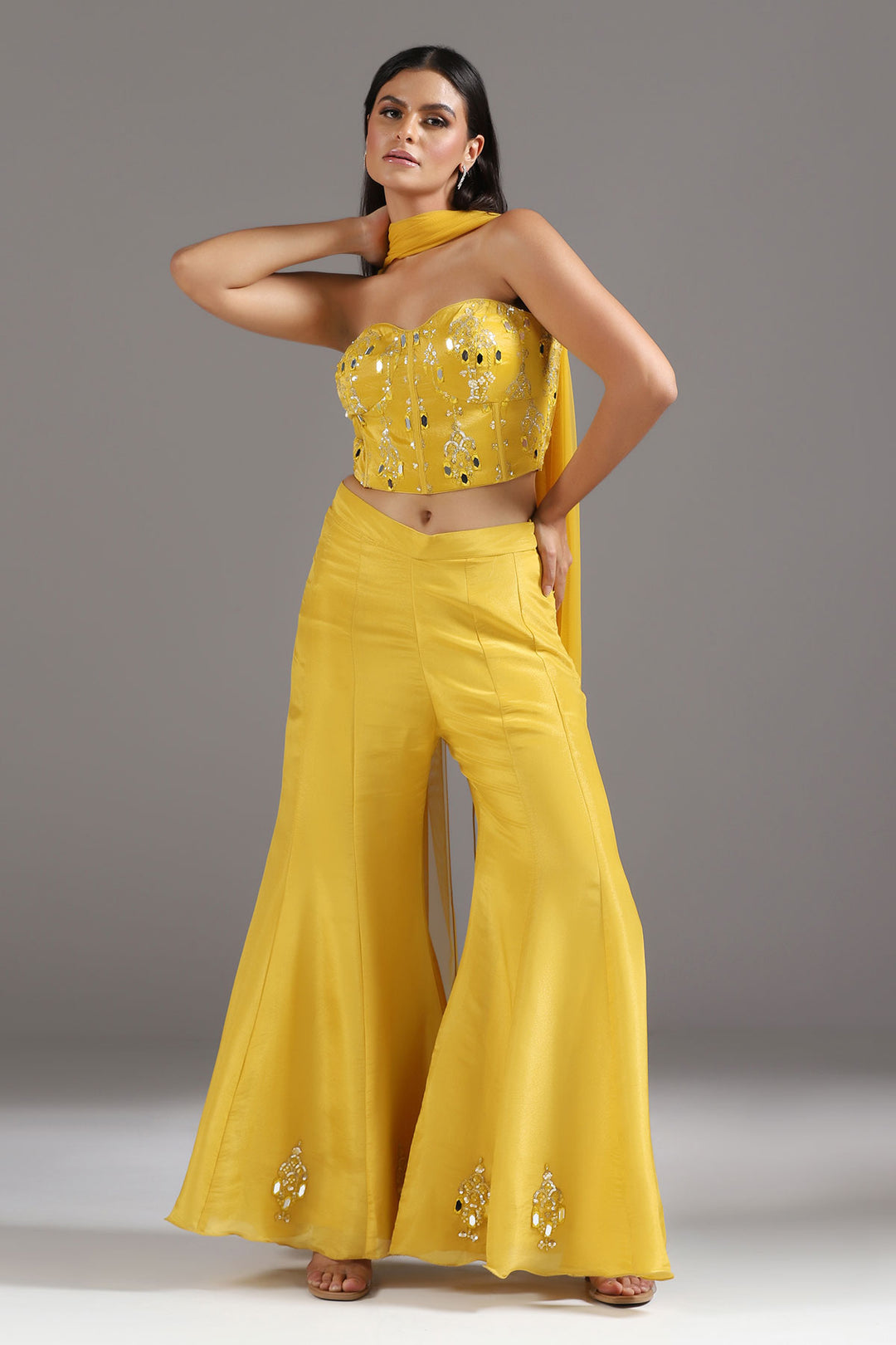 Haldi Yellow Mirrorwork Corset with a tie up back, soft Tissue High Waisted Sharara Pants and Dupatta