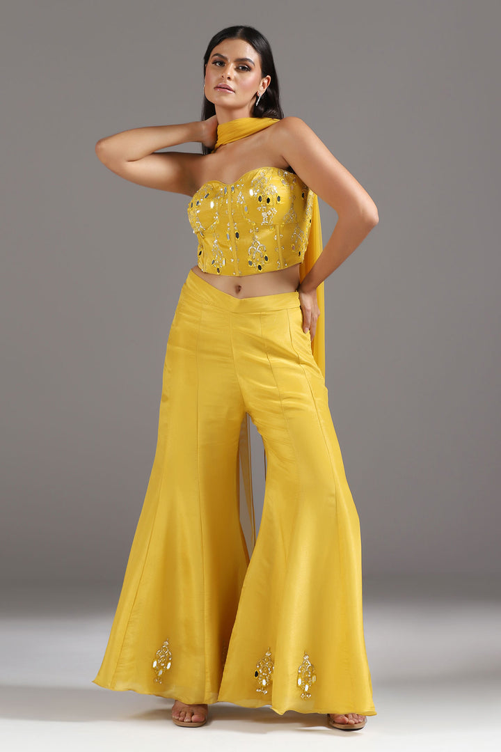 Haldi Yellow Mirrorwork Corset with a tie up back, soft Tissue High Waisted Sharara Pants and Dupatta