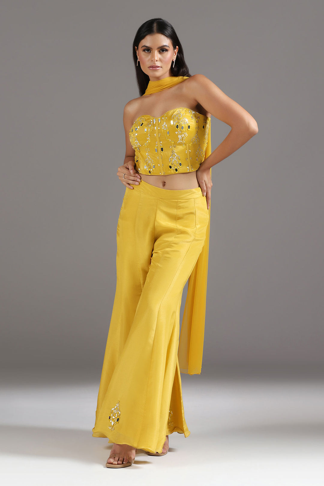 Haldi Yellow Mirrorwork Corset with a tie up back, soft Tissue High Waisted Sharara Pants and Dupatta